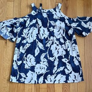 INC International Concepts Navy & White Cold-Shoulder Floral Tunic